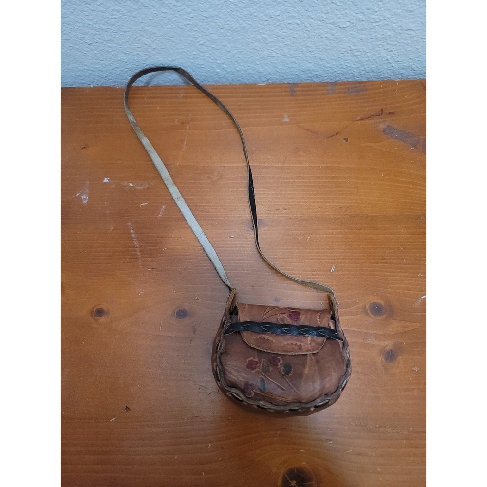 Vintage Tooled Leather Crossbody Bag Women Small‎ Brown Floral Boho